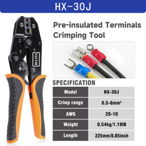 Crimping Tool for Insulated Terminals Wire AWG 20-10 (0.5-6mm²) RV/SV/FDD/MDD Connectors Ratchet Electrical Pliers HX-30J