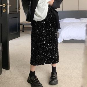 Váy nữ mùa thu quần áo mùa đông eo cao màu đen chất lượng thời trang cô gái xinh đẹp cỡ lỡn thoải mái Đầm dài váy dạ tiệc ban nhạc sequin Thắt lưng co giãn Đầm xẻ Đầm giáng sinh hình chữ H