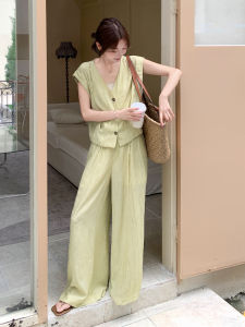 Fashionable V-Neck Sleeveless Top And Wide Leg Pants Two-Piece Set for Women Elegant Summer 2025 Polyester And Spandex Blend