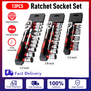 13 pcs Ratchet Wrench Socket Set Socket Spanner Set Hardware Vanadium Repairing Kit Tools Size 1/2 3/8 1/4