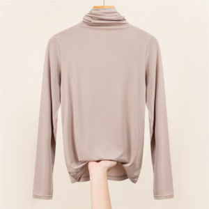 Modal Fleece Lined Half High Collar Loose Long Sleeve Base Shirt Womens Spring Autumn Winter Casual Style T-Shirt Top