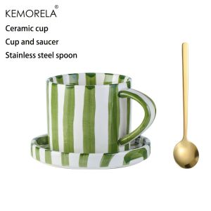 1 Set Minimalist Striped Hand Drawn Cup And Plate Set Ceramic Milk Coffee Cup 280ml Afternoon Tea Coffee Cup Household Drinki