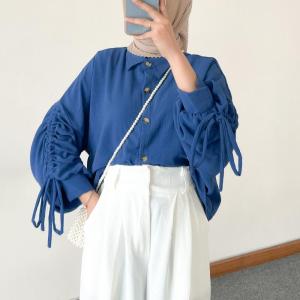 Lesi Blouse Crincle Airflow Polos Lengan Serut Kemeja Wanita Model Kekian Full Kancing Busui Friendly Outfit OOTD Casual Kuliah