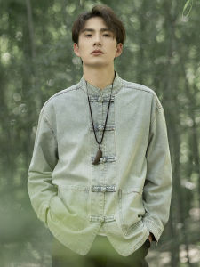 New Chinese Style Loose Mens Shirt Tang Costume Jeans Style Button Decorated Cotton Polyester Blend Casual Outerwear