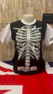 เสื้อยืดคอกลมลายกระดูกวินเทจสกรีนแขนชายหญิงใส่ได้