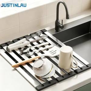 JUSTINLAU Roll Up Dish Drying Rack Over Kitchen Sink 5 Sizes 304 Stainless Steel Foldable Rustproof Food Grade for Dishes Fruits