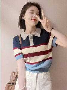French Design Polo Neck Color Block Blouse Summer Womens Clothing