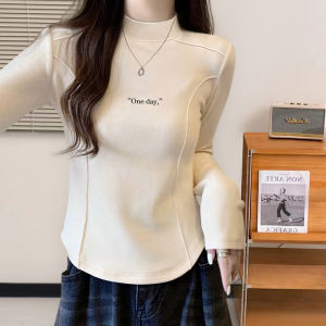 เสื้อยืดคอกลมแขนยาวผู้หญิง ทรงเข้ารูป ผ้าฝ้ายแท้ หนา ทรงพอดีตัว เสื้อชั้นในทรงไม่สมมาตร ลายกระดูกปลา เสื้อผ้าทำงานสไตล์เกาหลี