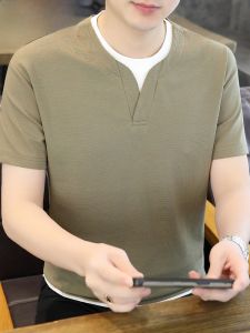 HENGYUANXIANG | Hengyuanxiang Mens Short Sleeve T-Shirt Casual Thin V-Neck Summer Fashion Urban Style Splice Neck Design Breathable Polyester
