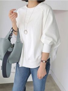 Korean Style Simple round Neck Long Sleeve Womens White T-Shirt Casual Loose Fit Spring Autumn New Design Small Size Top