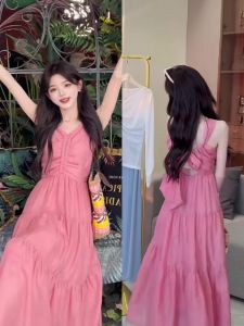 Pink Backless Tie Dye Summer Dress Womens Beautiful Long Beach Vacation Style Gown Gentle Style Drawstring Pleated Splice Backless Dress