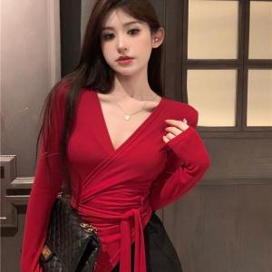 Áo Thun Dài Tay Thường Ngày Cho Nữ Áo Sơ Mi Cổ Chữ V Dáng Ôm Màu Trơn Không Có Thương Hiệu Chất Liệu Khác Mùa Thu