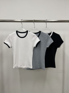 Áo Thun Nữ Tay Ngắn Cổ Tròn Ôm Vừa Vặn Mùa Hè 2025 Phong Cách Hàn Quốc Thiết Kế Viền Màu Áo Thun Nữ Thời Trang