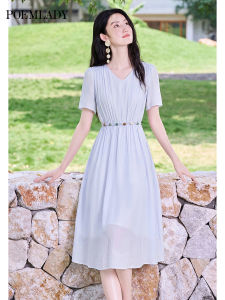 POEMLADY | Stylish V-Neck Loose Waist Blue Summer Dress