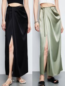 Spring 2025 Double-Sided Silk A-Line Skirt Womens High Waist Long Skirt Glossy Drape Split Commute Style Pure Color