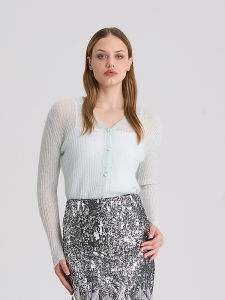 Áo Cardigan Len Xanh Cổ V Mới Có Kim tuyến