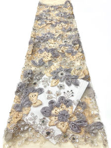 Elegant 3D Floral African Beaded Lace Fabric 2026 French Nigerian Sequins Mesh Tulle Lace Fabric For Wedding Dress