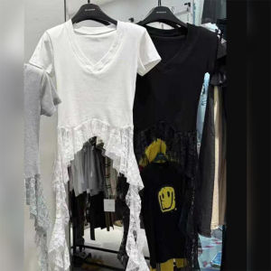 BINKAFENNY | Summer White V-neck Short Sleeve T-shirt Womens Uneven Hem Design Pure Desire Style Short Length Waist-cinching Top