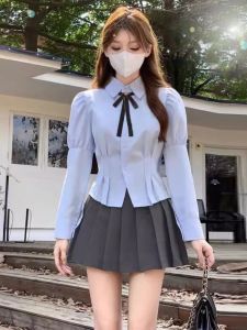 Preppy Style Blue Tight Waist Shirt Womens Spring & Fall Bubble Long Sleeve Shirt Small Short Tops JK Uniform Suit