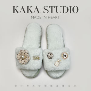 Dép Bông Hoa Trà Pháp Cho Nữ Mùa Đông 2024 Dép Bông Lông Cừu Hở Ngón Đế Bằng Đế Cao Su Ấm Áp Cho Nhà