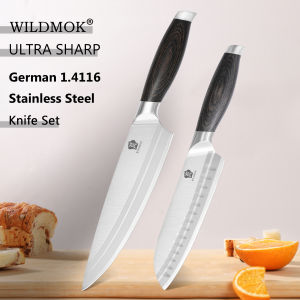 WILDMOK 2 Pieces Kitchen Knives Set Premium Stainless Steel Pakkawood Handle Chef Knife & Santoku Multipurpose Cooking Tool