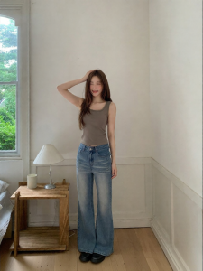NIHAOKANONG | Quần Jeans Xanh Dương Sáng Co Dãn Nhẹ Xòe