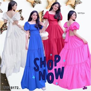 CH18172 แม็กซี่เดรสยาว สีพื้นผูกโบว์ เรียบหรูดูแพง