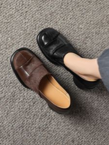 สไตล์เรโทร รองเท้าส้นสูง หัวมน หนัง รองเท้าส้นเตี้ยส้นหนา ผู้หญิง ฤดูใบไม้ผลิ ฤดูใบไม้ร่วง รองเท้าสบาย ลำลอง รองเท้าเดี่ยวปากลึก