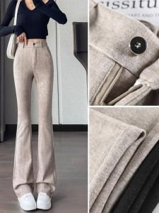 WANGGONGZHU | High Waist Knitted Fleece Lined Thickened Micro Flared Pants Women Autumn Winter New Style Small Size Drapey Knit Horse Hoof Pants