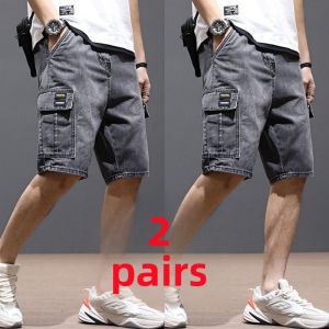 New 2024 Mens Loose Fit Denim Shorts Summer Casual Multi-Pocket Thin Five-Quarter Length Trendy Bootcut Pants Youth Fashion