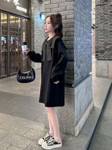 Black Bow-Tie Collar Womens Dress Spring Autumn New Simple Pure Color Long Sleeve A-Line Mini Skirt Korean Style Cotton Blend