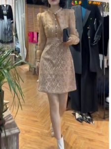 Elegant Lace Maxi Dress for Women High Waist A-Line Skirt Bubble Sleeve Long Sleeve Short Dress Sweet Style Autumn Winter Fashion