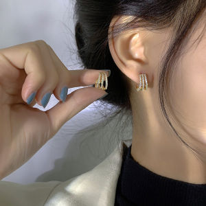 Beauty Woman Mini Zircon Hoop Earring For Women 14K Gold Hypoallergenic 3-claw Ear Clip Small Earrings Fashion Jewelry