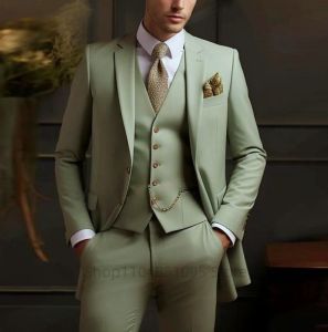 Green Mens Suits Casual 3 Pieces Slim Fit Notch/Peak Lapel Formal Wedding Groom Wear Blazer Tuxedos for Party(Blazer+Pants+Vest)