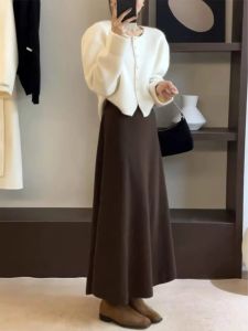 Knitting Skirt Womens Fall and Winter 2024 New Arrival Elastic Waistband Slimming Black Elegant French Drape A- line Long Skirt