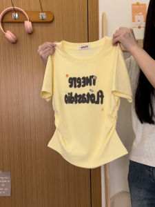 Áo Thun Nữ Tay Ngắn Màu Kem Màu Vàng in Chữ Phong Cách Hàn Quốc Mùa Hè 2024 Cotton Thoáng Khí Thoải Mái Thường Ngày