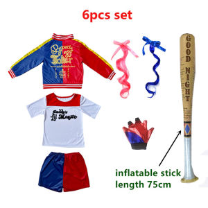 Women Girls Harley Quinn Cosplay Costumes Halloween Jocker Jacket T-shirt Glove Pants topknot