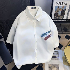 Summer Casual Short Sleeve Shirt Mens Hong Kong Style INS Retro Trend Letter Print Loose Collar Half Sleeve Shirt Youth Popular Daily Wear