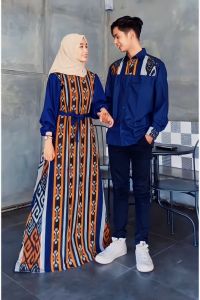 Couple Gamis Tenun Starla Dress Wanita Dan Kemeja Pria Warna Biru Navy Strip Kuning Bunga Katun