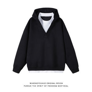 WUKONGYOUHUO | Áo Hoodie V-neck Hai Màu Đơn Giản
