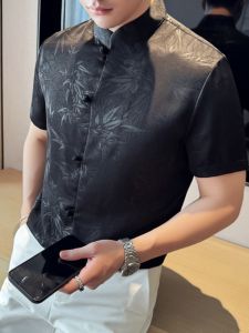 New Chinese Style Mens Shirt Summer Thin Long Sleeve Stand Collar Ice Silk Embroidery Fashionable Urban Youth Daily Wear