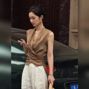 YUFUQING | Elegant Cross V-Neck Sleeveless Vest Shirt Womens Slimming Casual Top High Waist Design Polyester Fiber Summer New Arrival