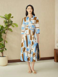 YINER | Summer French Style Colorblock Geometric Print Waist Accentuating Dress