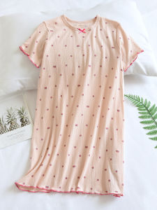 Childrens Summer Knitted Pure Cotton Thin Short Sleeve Sleep Dress Fresh Style Girls Cotton Breathable Home Skirt Parent-Child Suit Sleepwear