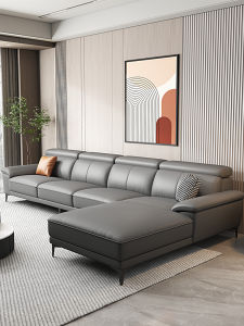 Fanda Genuine Leather Sofa Modern Minimalist Living Room L-Shaped Black Leather Couch Soft Medium Hardness Wooden Frame