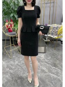 Summer 2025 Fashion Short Sleeve Dress Elegant Belly Covering Slimming All over Stars Square Collar Skirt High Waist A-Line Dress