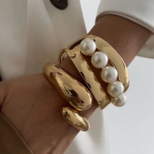 SHIXIN Design Geometric Water Drop Gold Color Wide Spring Bangles for Women Elegant Imitation Pearl Cuff Bracelets New Jewelry