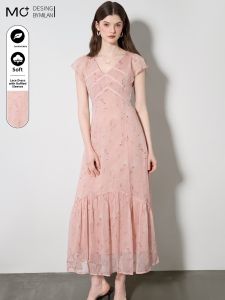 Mo | Elegant Summer 2025 French V-neck Lace Trim Waist Floral Print Chiffon Dress Gauzy Beautiful A-line Skirt Short Sleeve Zipper