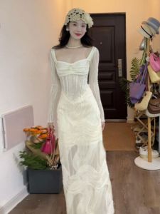 French Elegant Long Sleeve Knitted Dress Womens Fashion Slim Fit Wrap around Skirt Spring New Style Pure Color H-Shape Dress