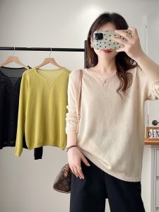 เสื้อสเวตเตอร์ถักทรงหลวมสไตล์เกาหลีสำหรับผู้หญิงไซส์ใหญ่ แขนยาว คอวี เสื้อชั้นในแฟชั่นฤดูใบไม้ร่วง/ฤดูหนาว